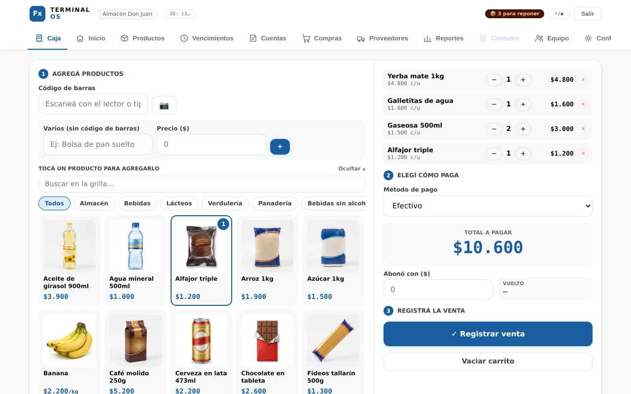 Pantalla de caja de Terminal OS con el carrito y el total a pagar