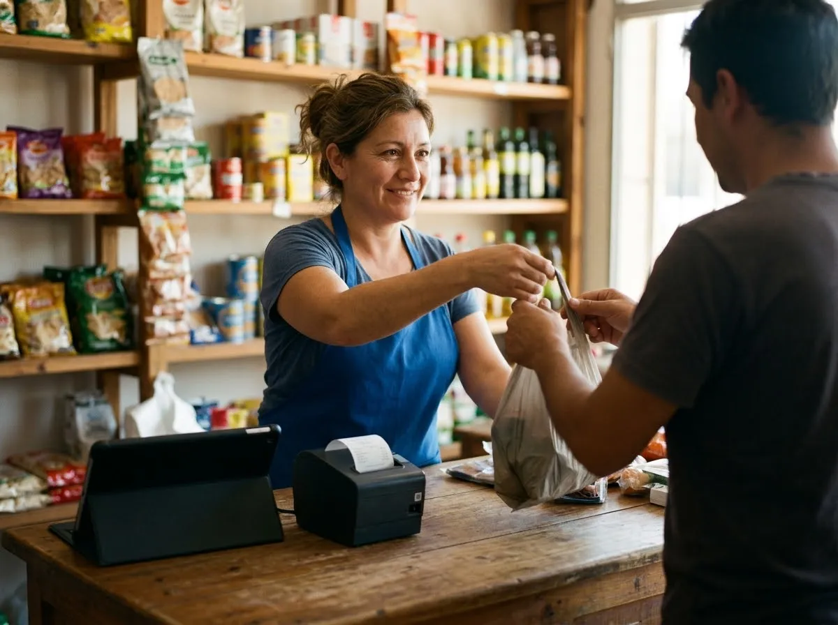 Comerciante atendiendo en su almacén con la tablet de Terminal OS y la comandera